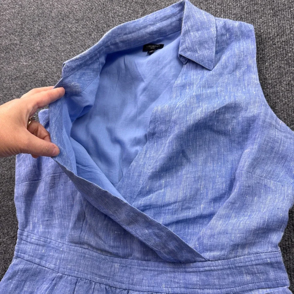 Talbots Linen Midi Dress Womens 10P Blue Sleeveless Pockets Resort Beach Coastal